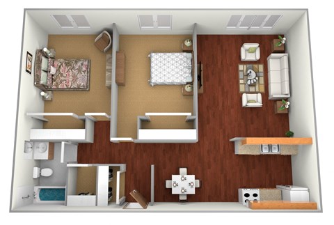 a stylized layout of a 1 bedroom floor plan with roommates